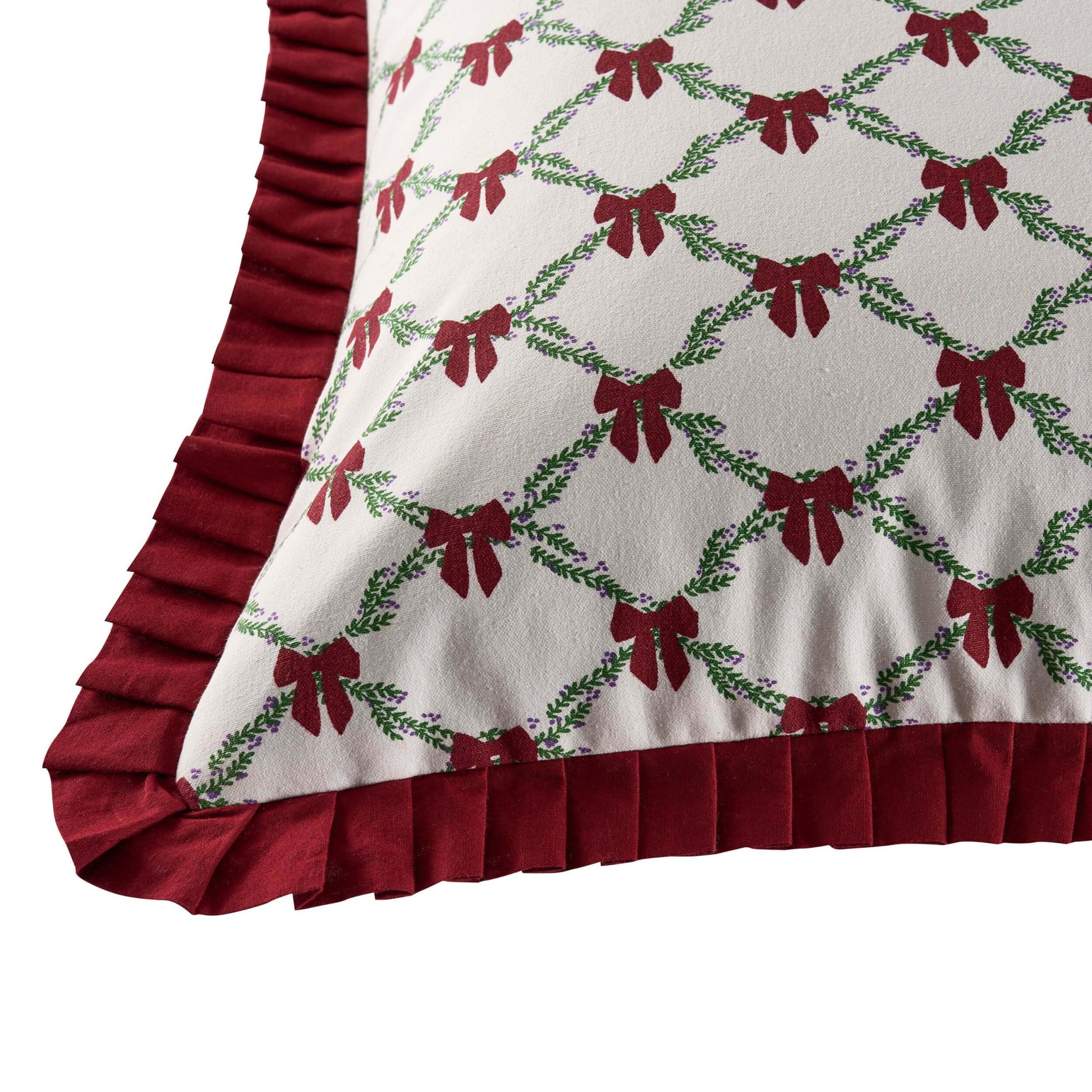 Christmas Bow Frill Edge 100% Cotton Cushion Cover - Burgundy - DUSK