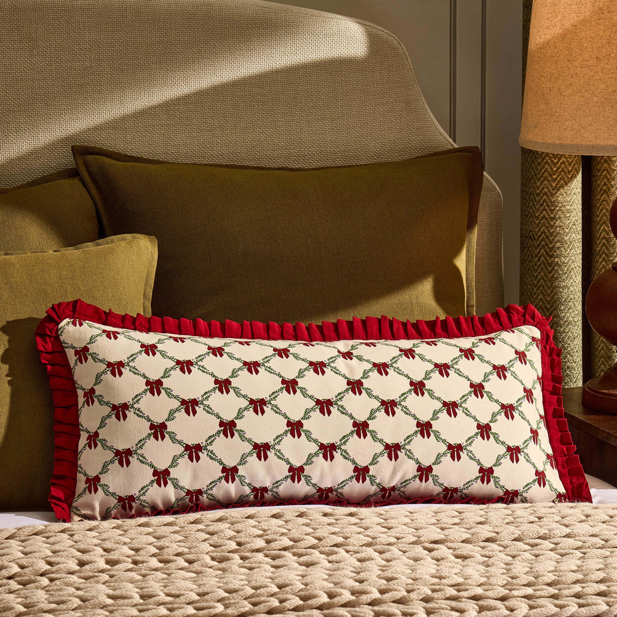 Christmas Bow Frill Edge 100% Cotton Cushion Cover - Burgundy - DUSK