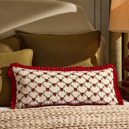 Christmas Bow Frill Edge 100% Cotton Cushion Cover - Burgundy - DUSK