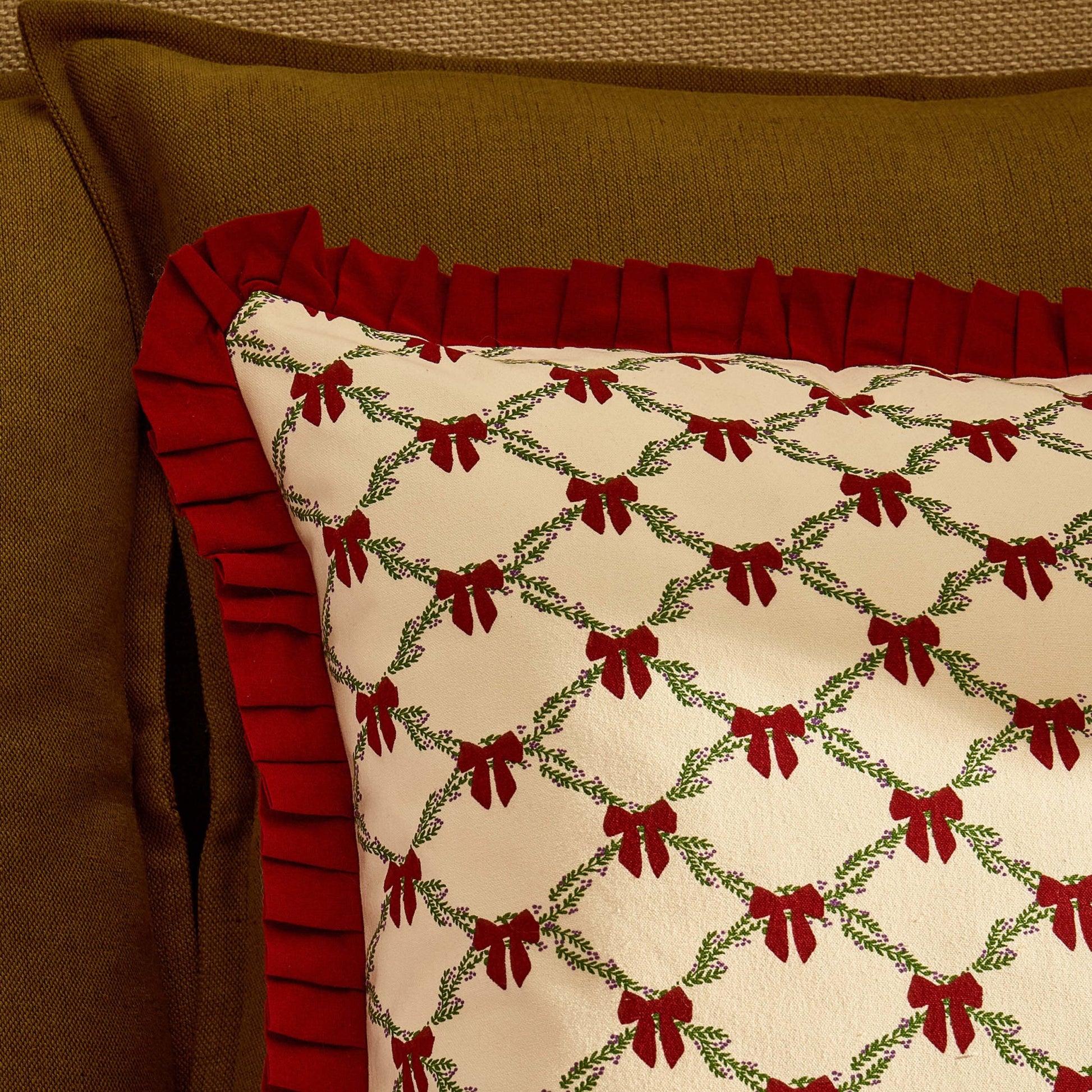 Christmas Bow Frill Edge 100% Cotton Sofa Cushion Cover - Burgundy - DUSK