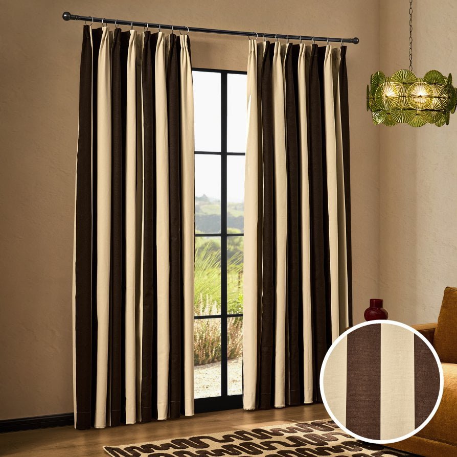 Chunky Stripe Pair of Pencil Pleat Curtains - Brown - DUSK