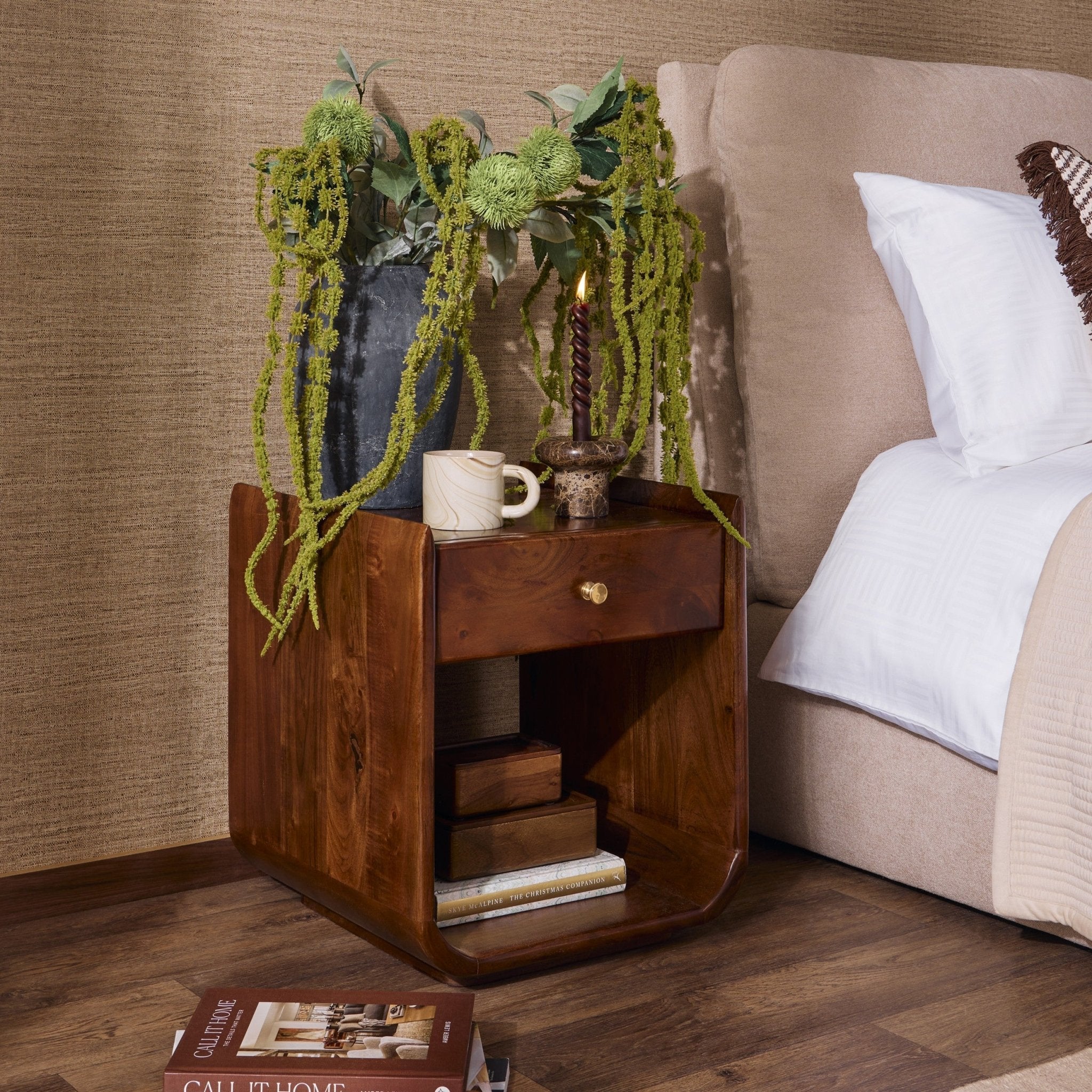 Cleo Acacia Wood 1 Drawer Bedside Table - Walnut - DUSK