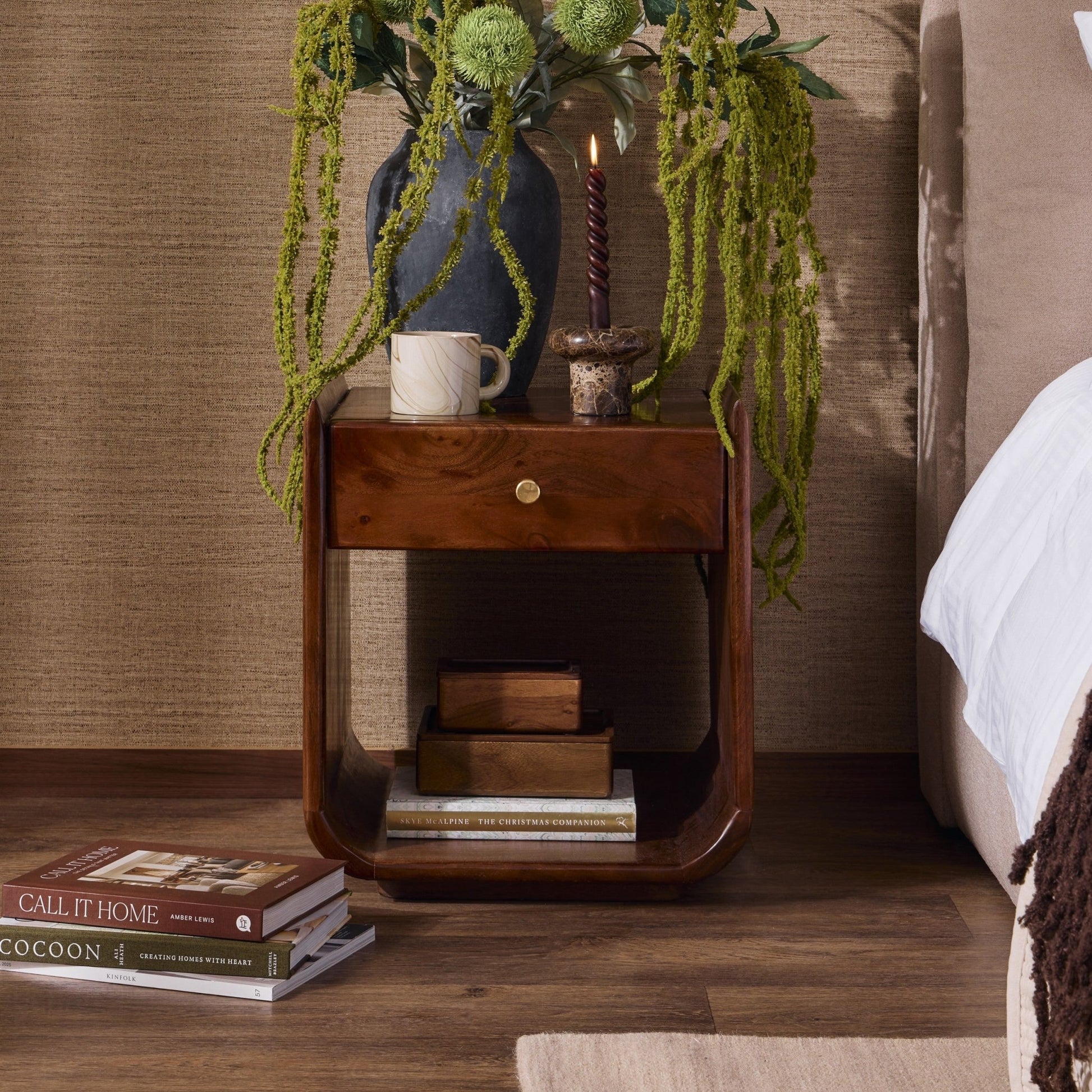 Cleo Acacia Wood 1 Drawer Bedside Table - Walnut - DUSK