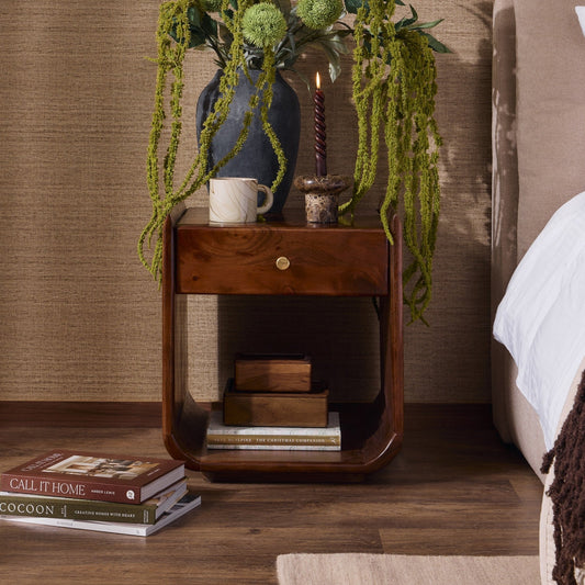 Cleo Acacia Wood 1 Drawer Bedside Table - Walnut - DUSK