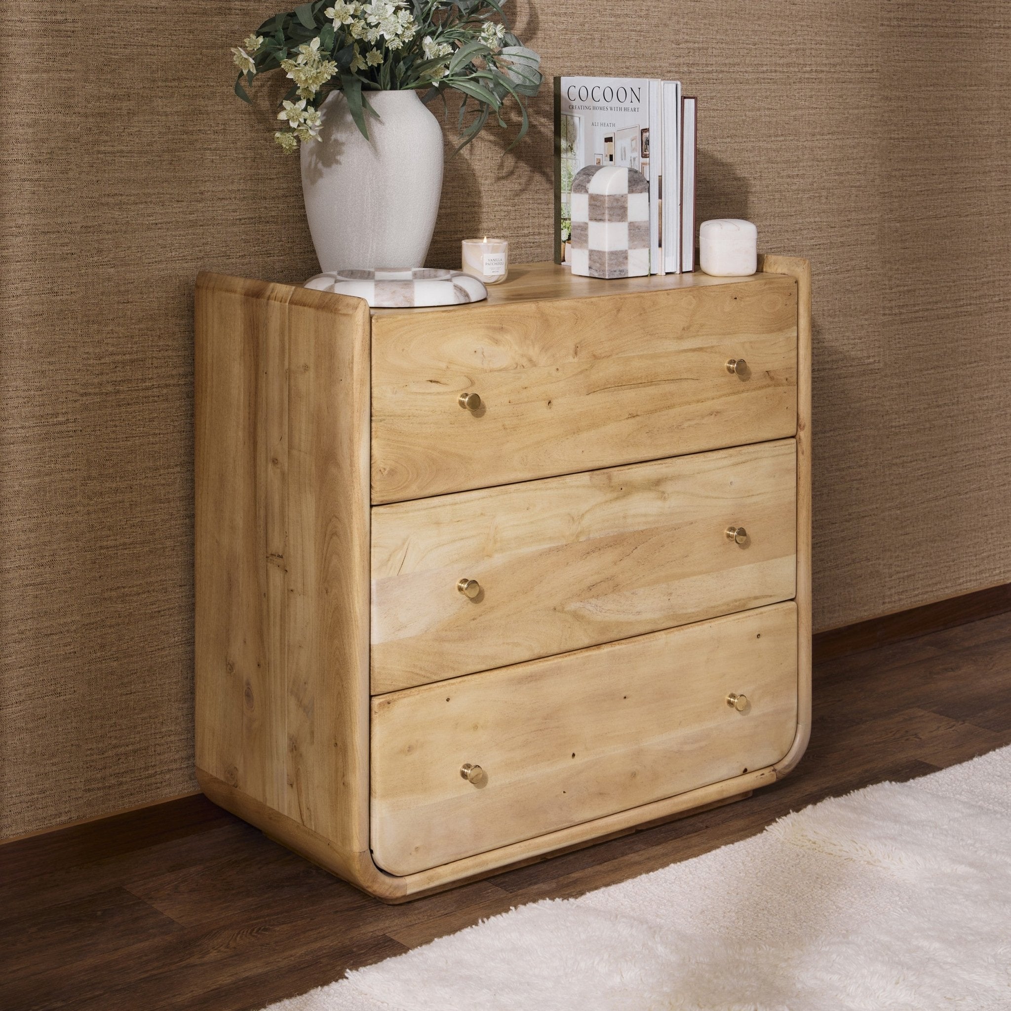 Cleo Acacia Wood 3 Drawer Chest - Light Wood - DUSK