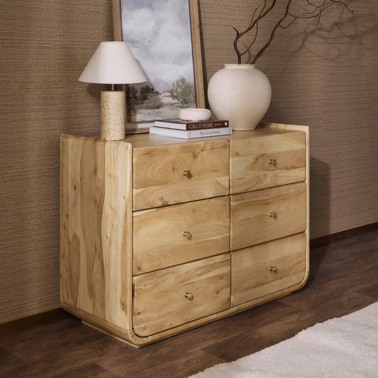 Cleo Acacia Wood 6 Drawer Chest - Light Wood - DUSK