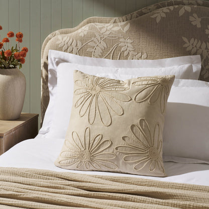 Cotton Embroidered Flower Cushion Cover - Natural - DUSK