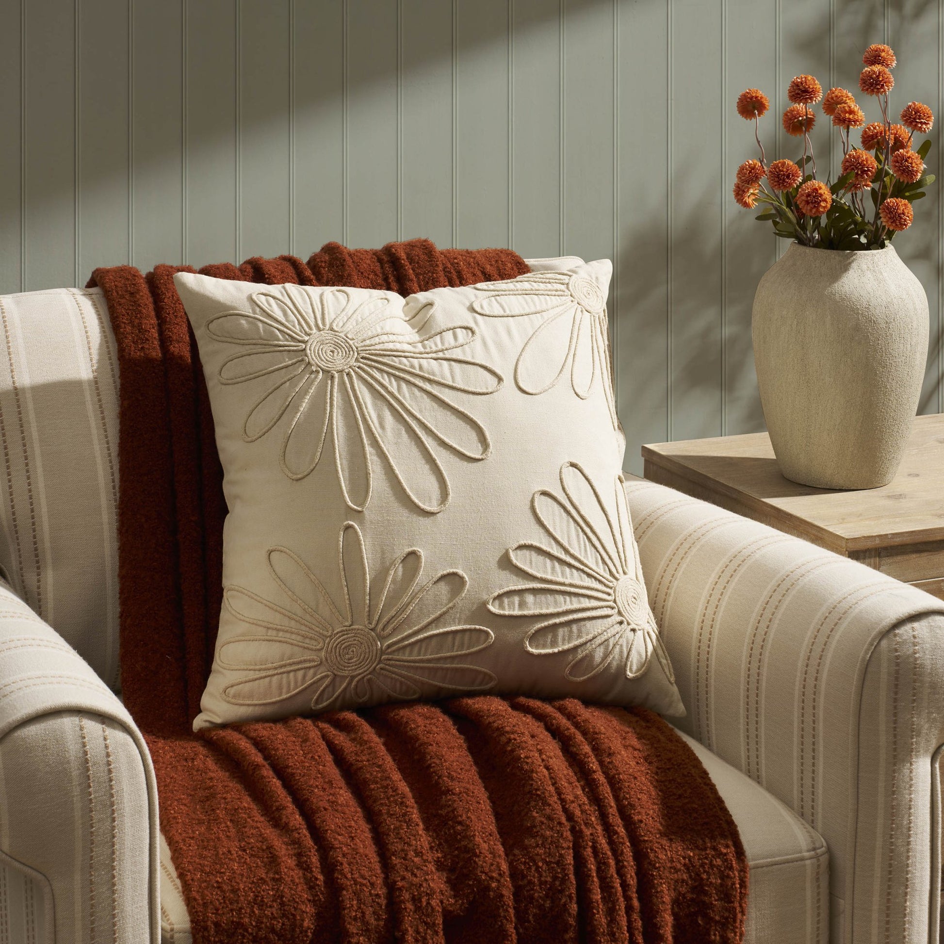 Cotton Embroidered Flower Sofa Cushion Cover - Natural - DUSK