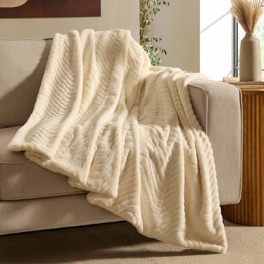 Curved Pattern Ribbed Faux Fur Sofa Throw - Cream - DUSK