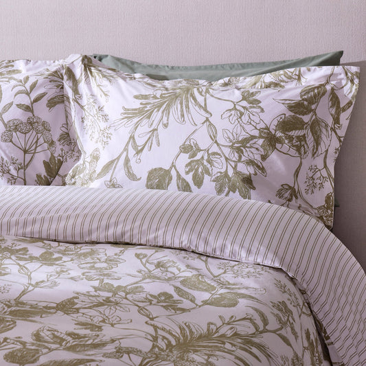 Daphne Botanical Print Reversible Duvet Cover Set - Olive Green - DUSK