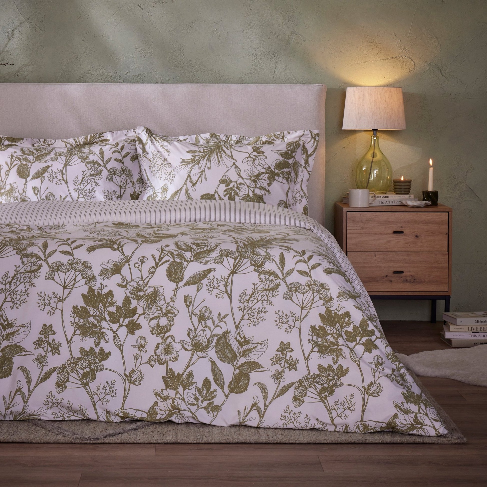 Daphne Botanical Print Reversible Duvet Cover Set - Olive Green - DUSK