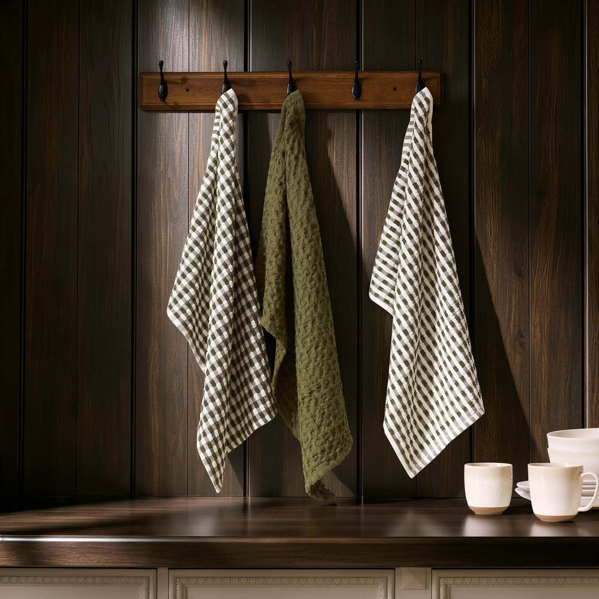 Delphine Waffle Set of 3 Tea Towels - Olive Green - DUSK