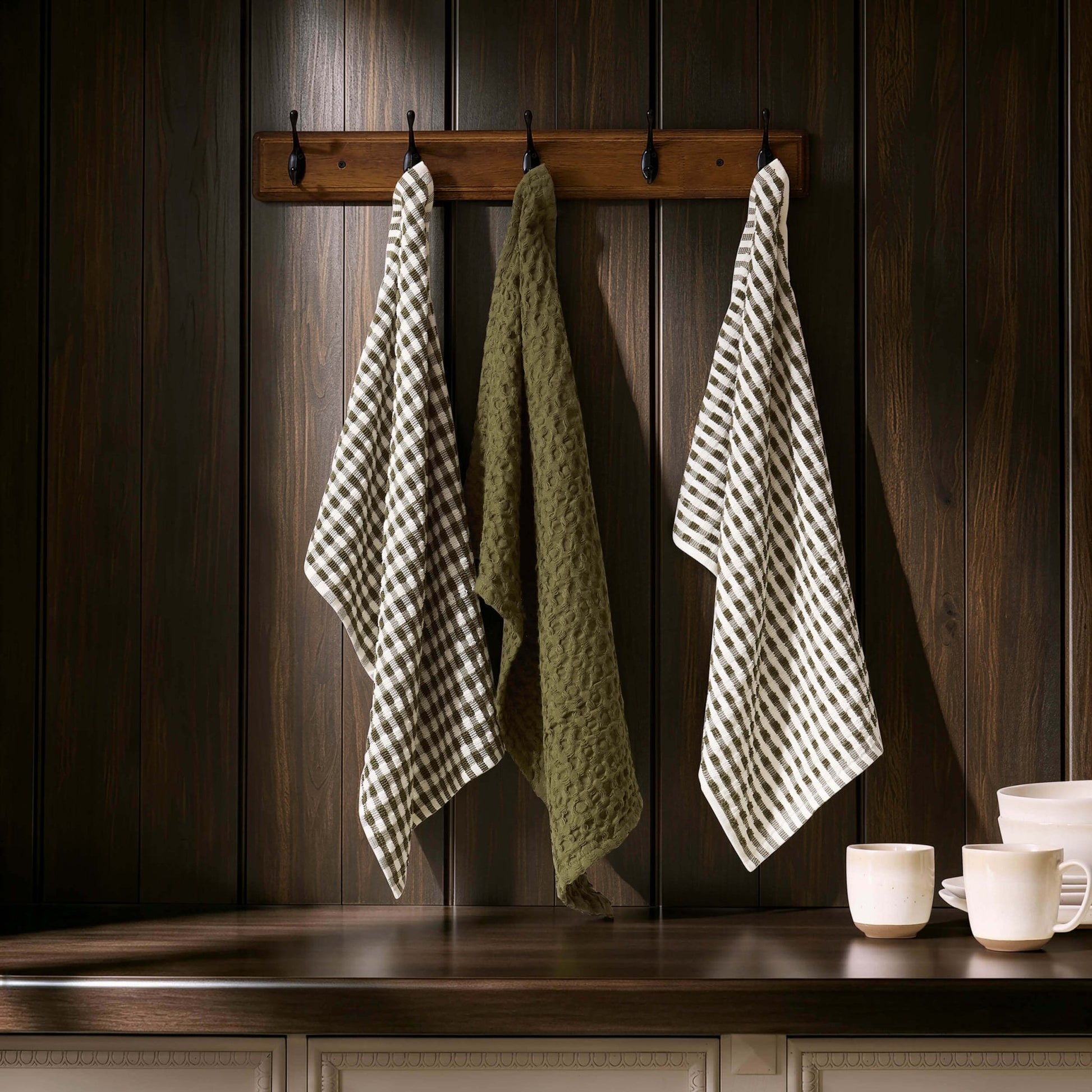Delphine Waffle Set of 3 Tea Towels - Olive Green - DUSK