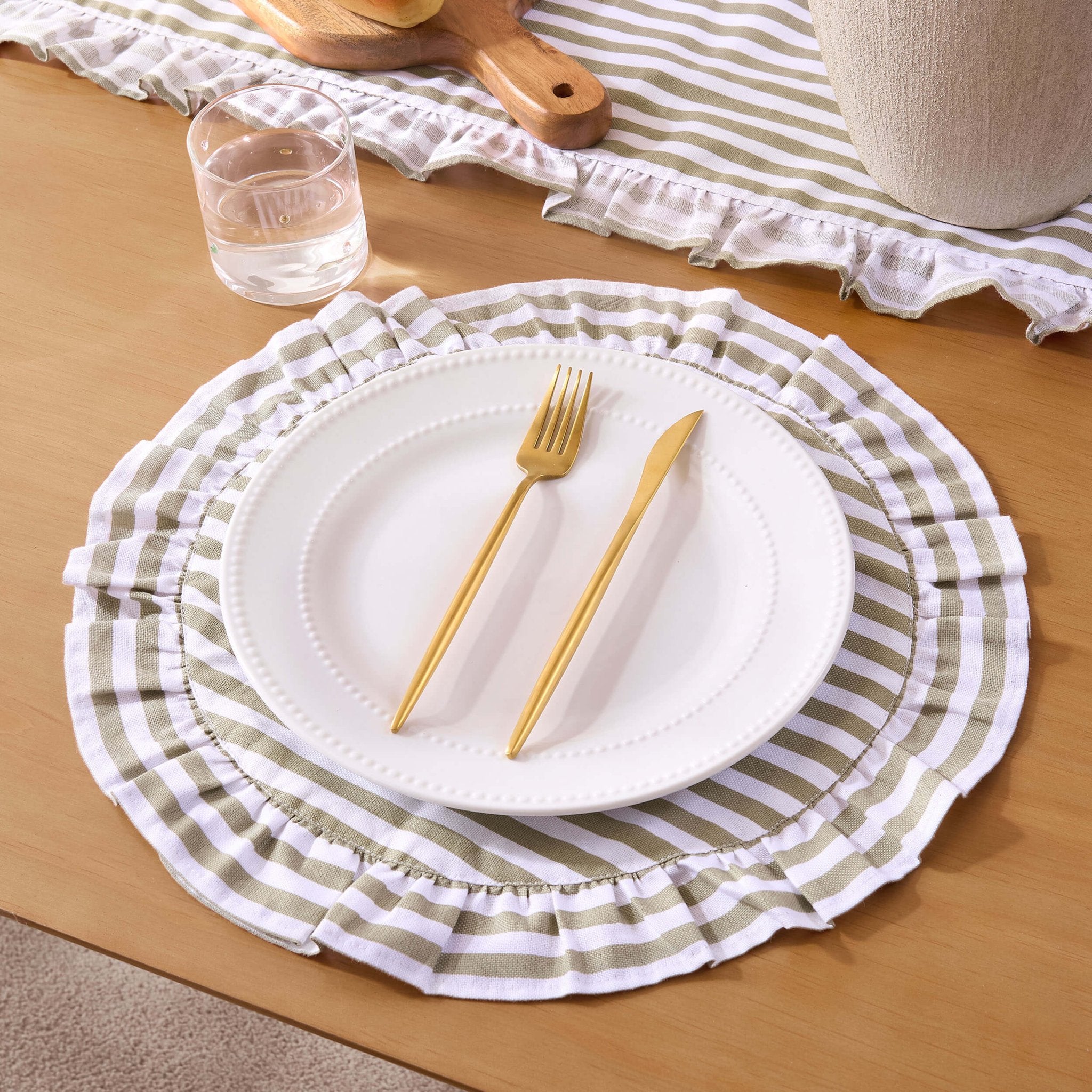 Edith Stripe Frill Edge Set of 4 Placemats - Olive Green - DUSK