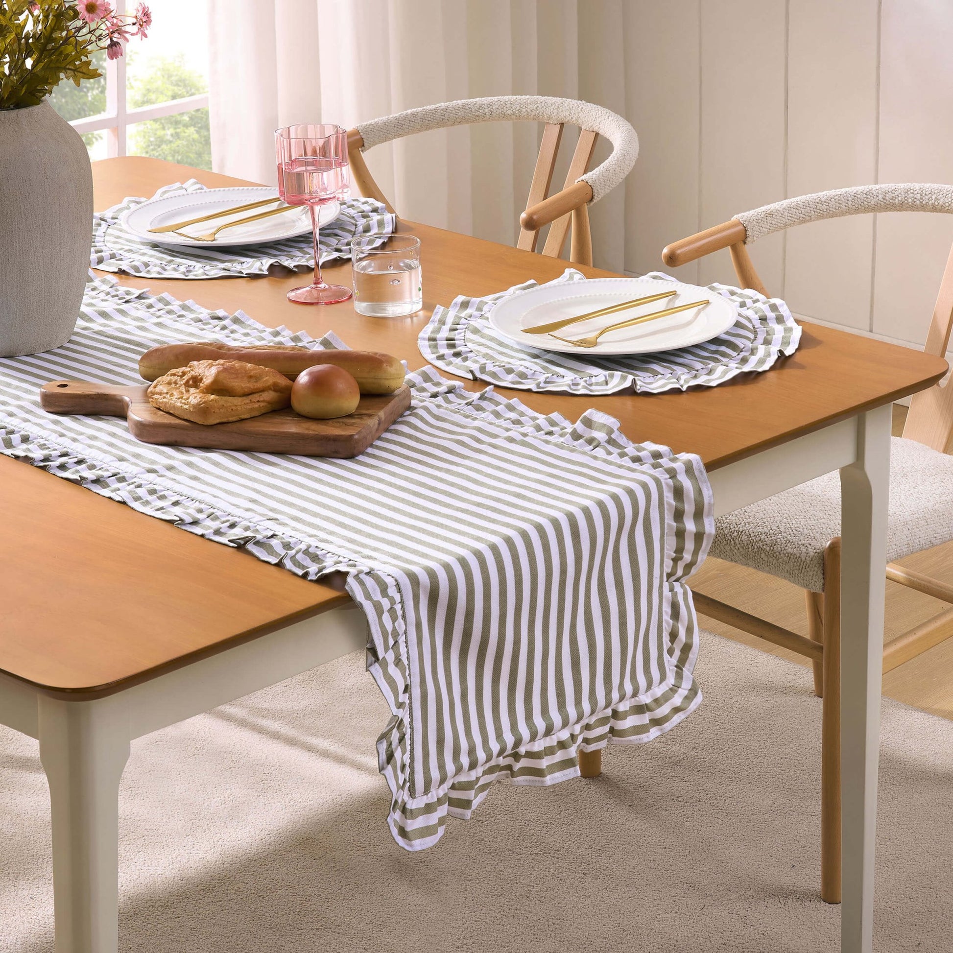 Edith Stripe Frill Edge Table Runner - Olive Green - DUSK