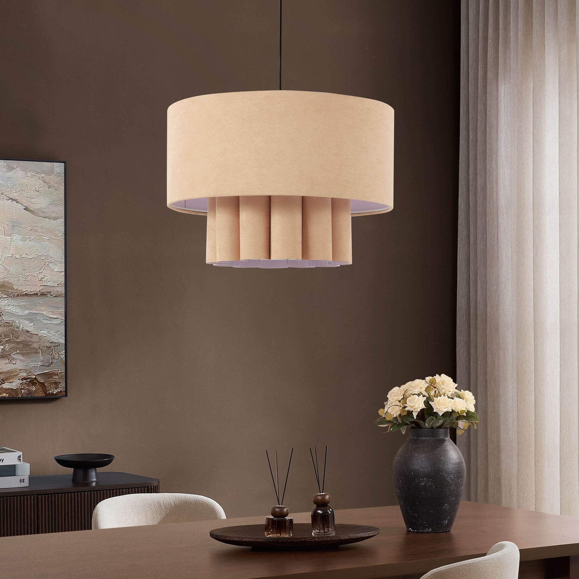 Eliza Faux Suede Two Tier Scallop Ceiling Shade - Beige - DUSK