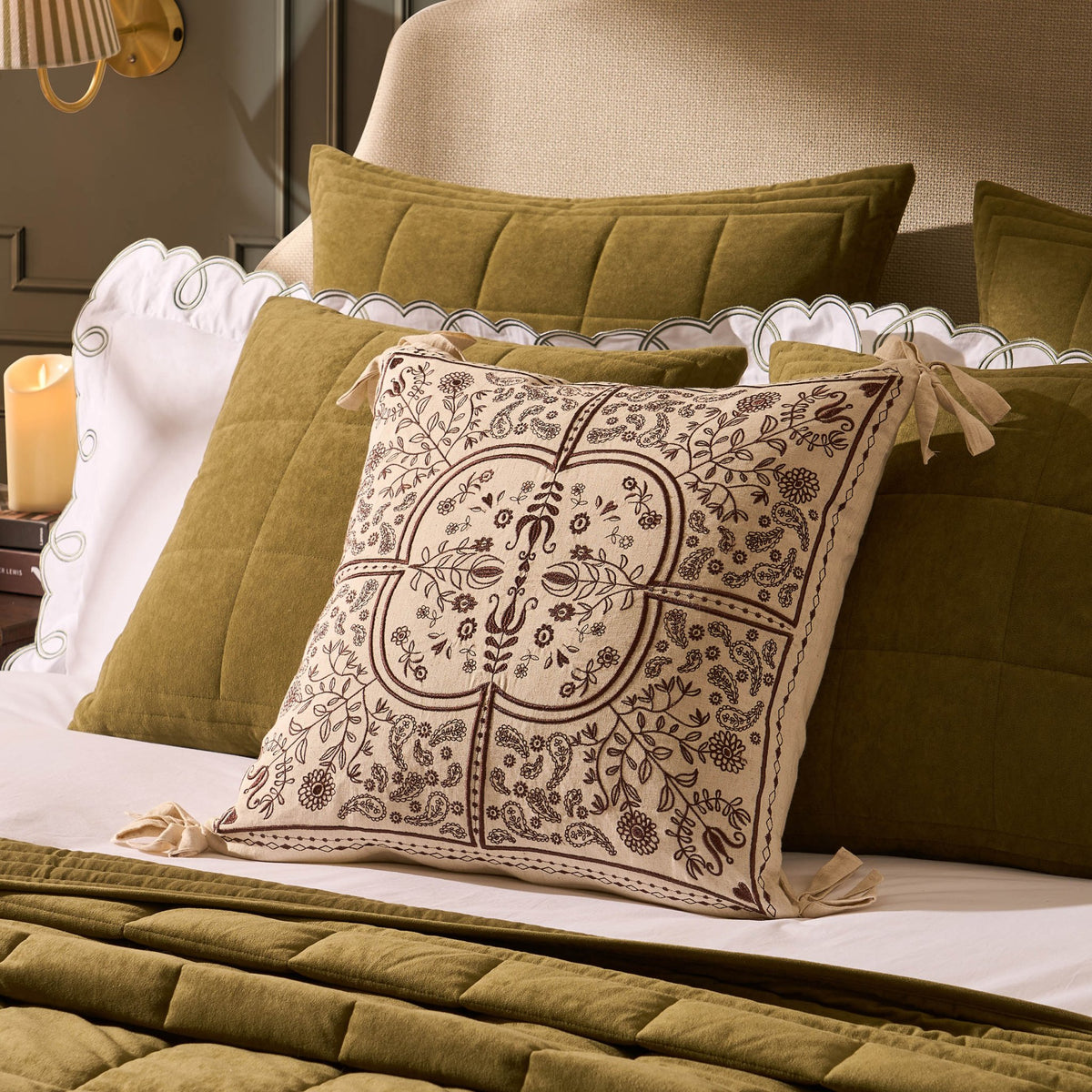 Embroidered Floral Bow Detail Edge 50x50 Cushion Cover - Natural - DUSK