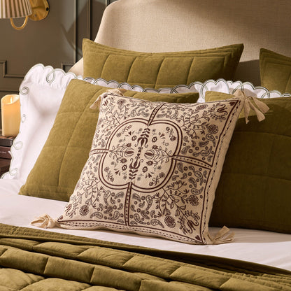 Embroidered Floral Bow Detail Edge 50x50 Cushion Cover - Natural - DUSK