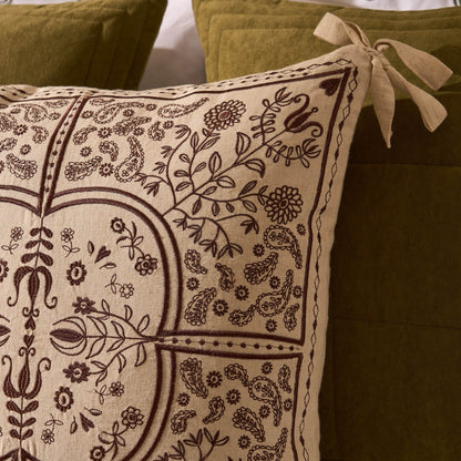 Embroidered Floral Bow Detail Edge 50x50 Sofa Cushion Cover - Natural - DUSK