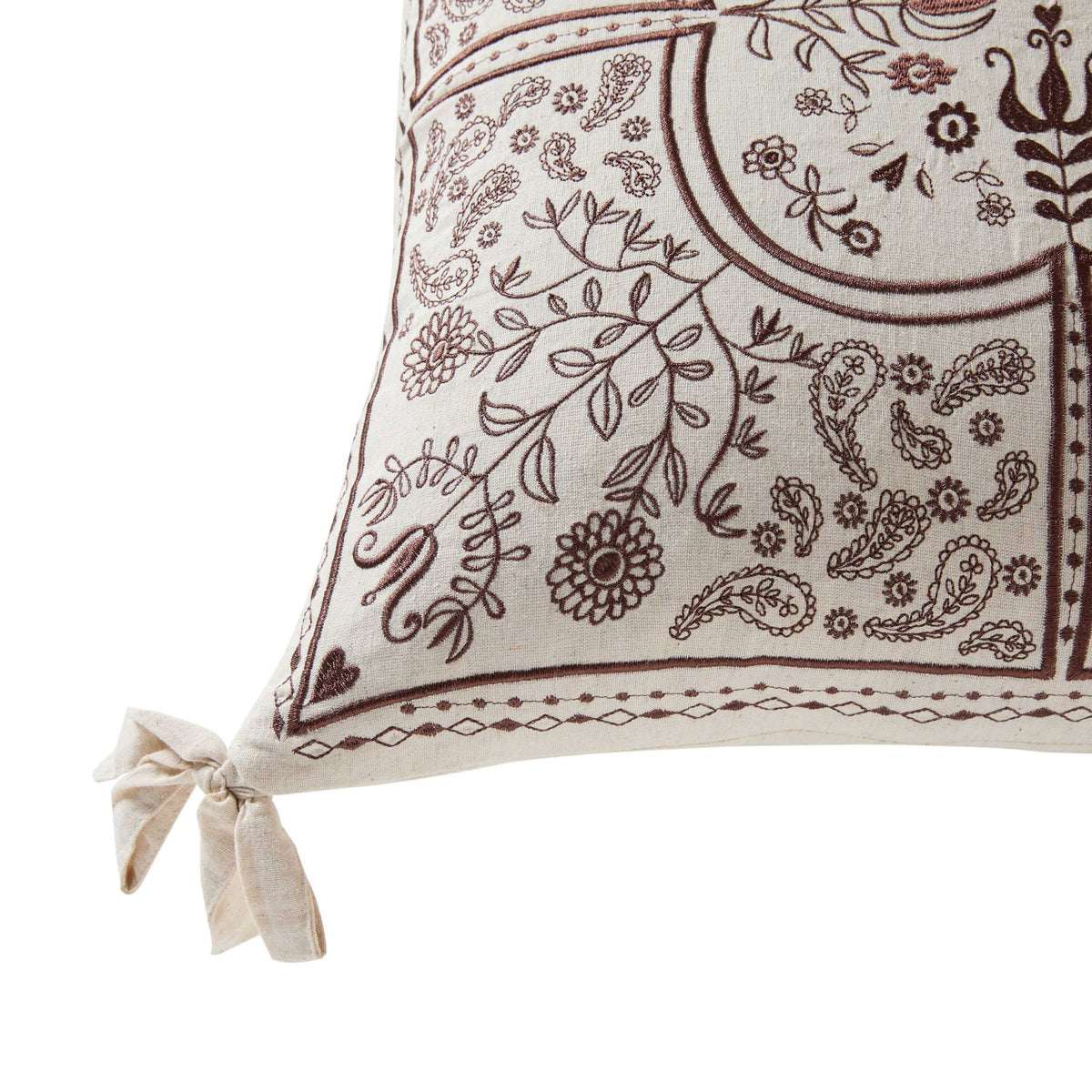 Embroidered Floral Bow Detail Edge 50x50 Sofa Cushion Cover - Natural - DUSK