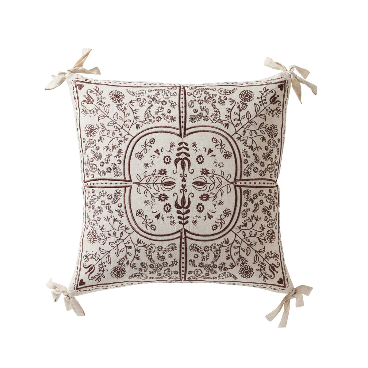 Embroidered Floral Bow Detail Edge 50x50 Sofa Cushion Cover - Natural - DUSK