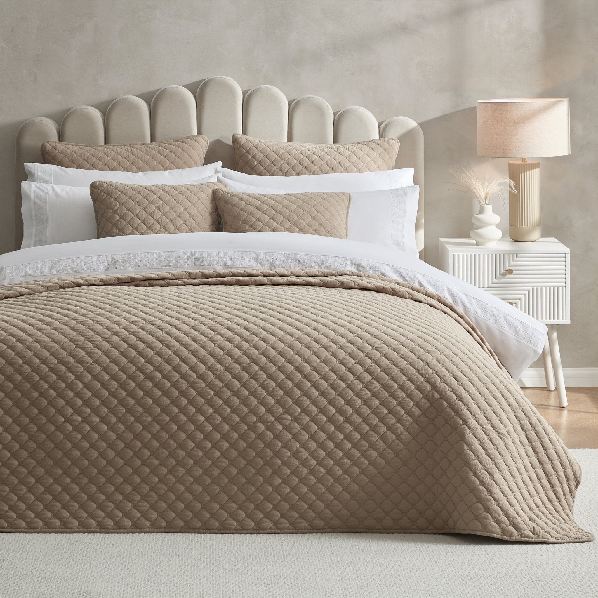 Emilia Embroidered Flower Cotton Stone Washed Bedspread - Putty - DUSK