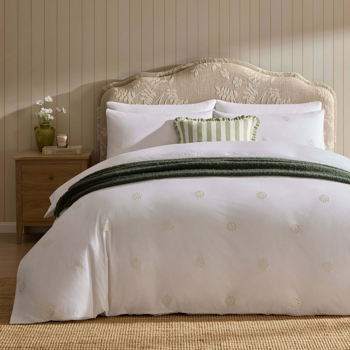 Emily 100% Cotton Broderie Anglaise Duvet Cover & Pillowcase Set - White - DUSK
