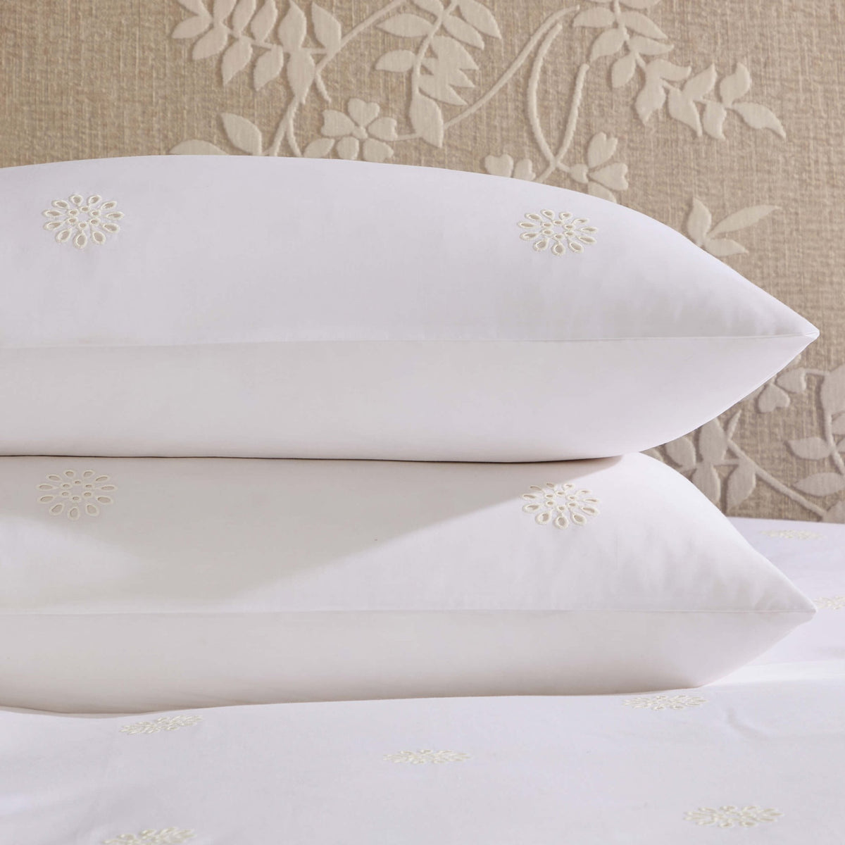 Emily 100% Cotton Broderie Anglaise Duvet Cover & Pillowcase Set - White - DUSK