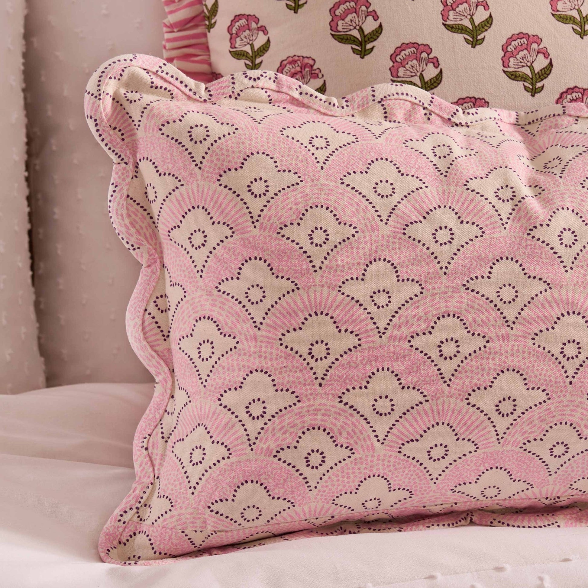 Esme 100% Cotton Printed Scallop Cushion Cover - Pink - DUSK