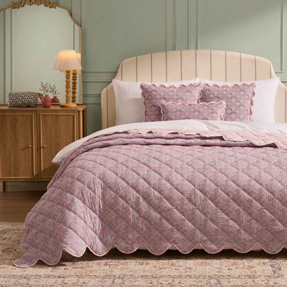 Esme 100% Cotton Printed Scallop Reversible Bedspread - Pink - DUSK