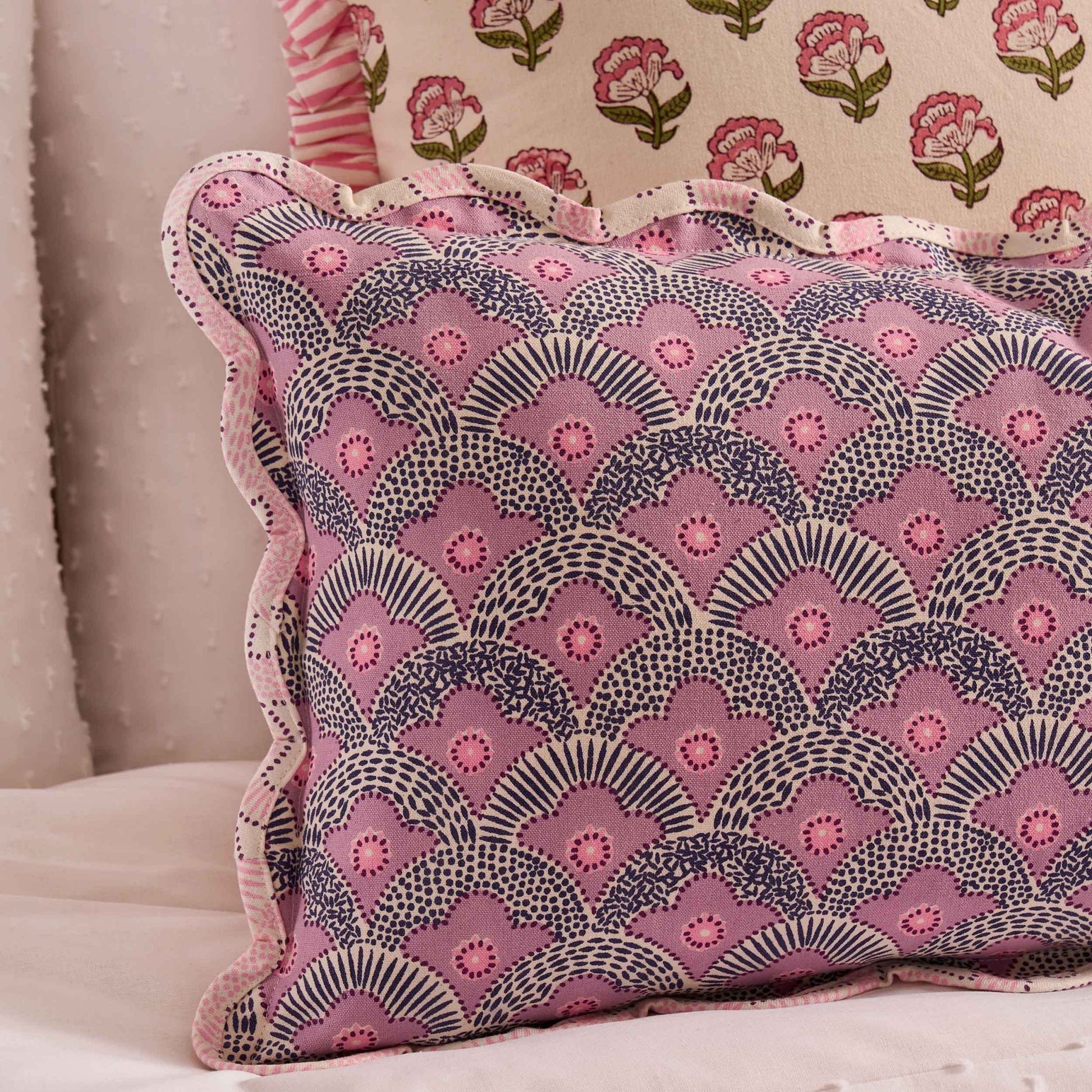 Esme 100% Cotton Printed Scallop Reversible Cushion Cover - Pink - DUSK