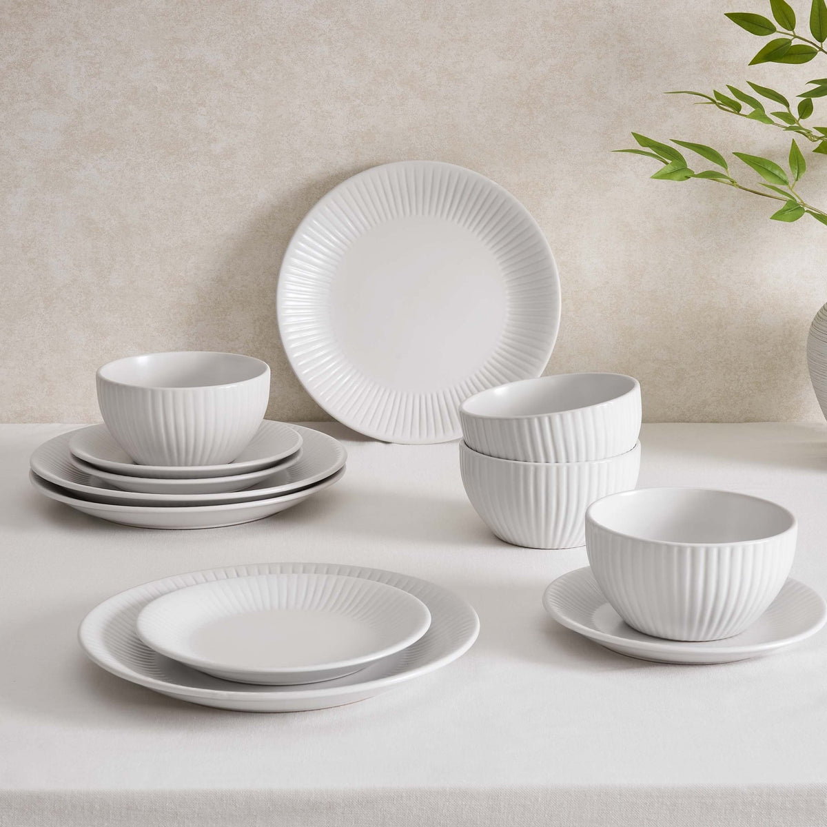 Ethan Embossed Stoneware 12pc Dinner Set - White - DUSK