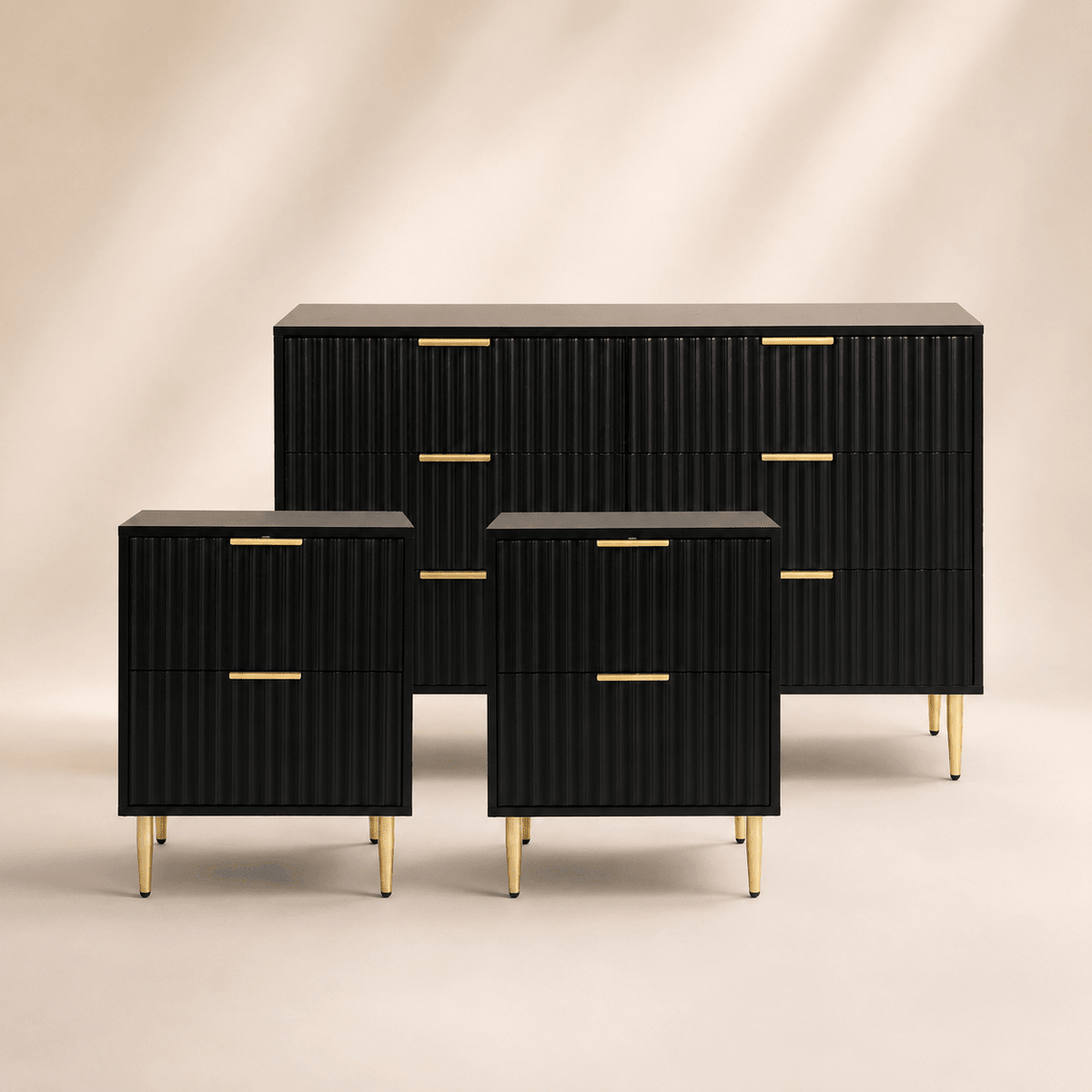 Evie 3 Piece Bundle - 2 Bedside Tables and Large Chest - Black - DUSK