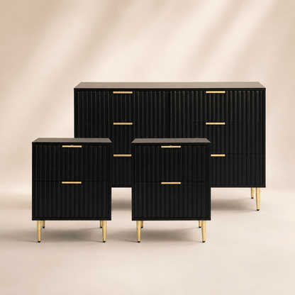 Evie 3 Piece Bundle - 2 Bedside Tables and Large Chest - Black - DUSK