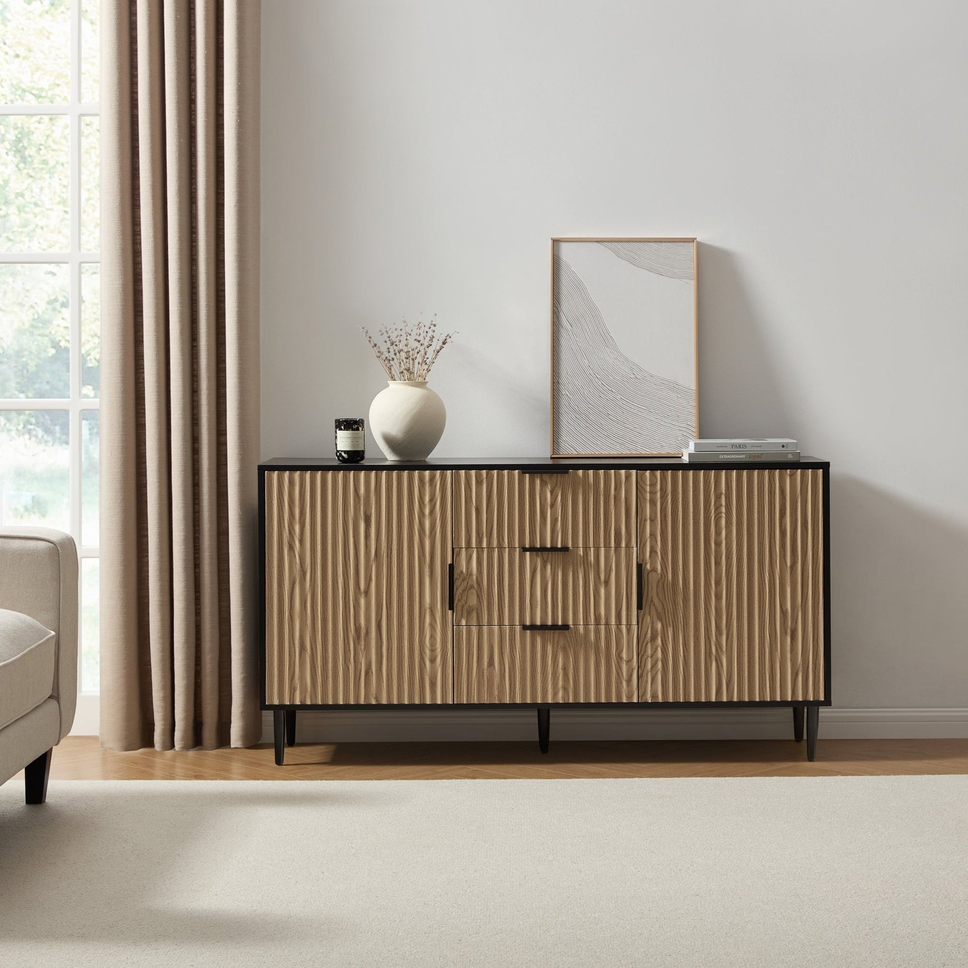 Evie Sideboard with Drawers - Black/Wood Effect - DUSK