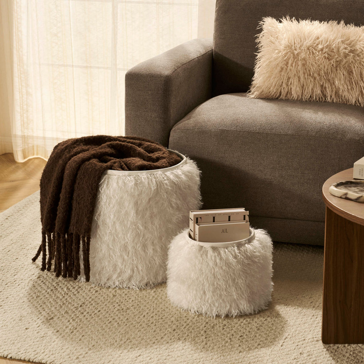 Faux Fur Sheepskin Storage Basket - Off-White - DUSK