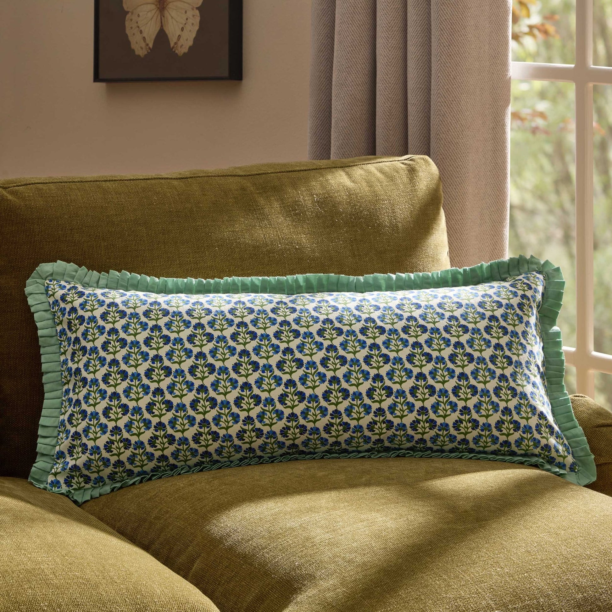 Fiona 100% Cotton Box Pleat Edge Printed Sofa Cushion Cover - Blue - DUSK