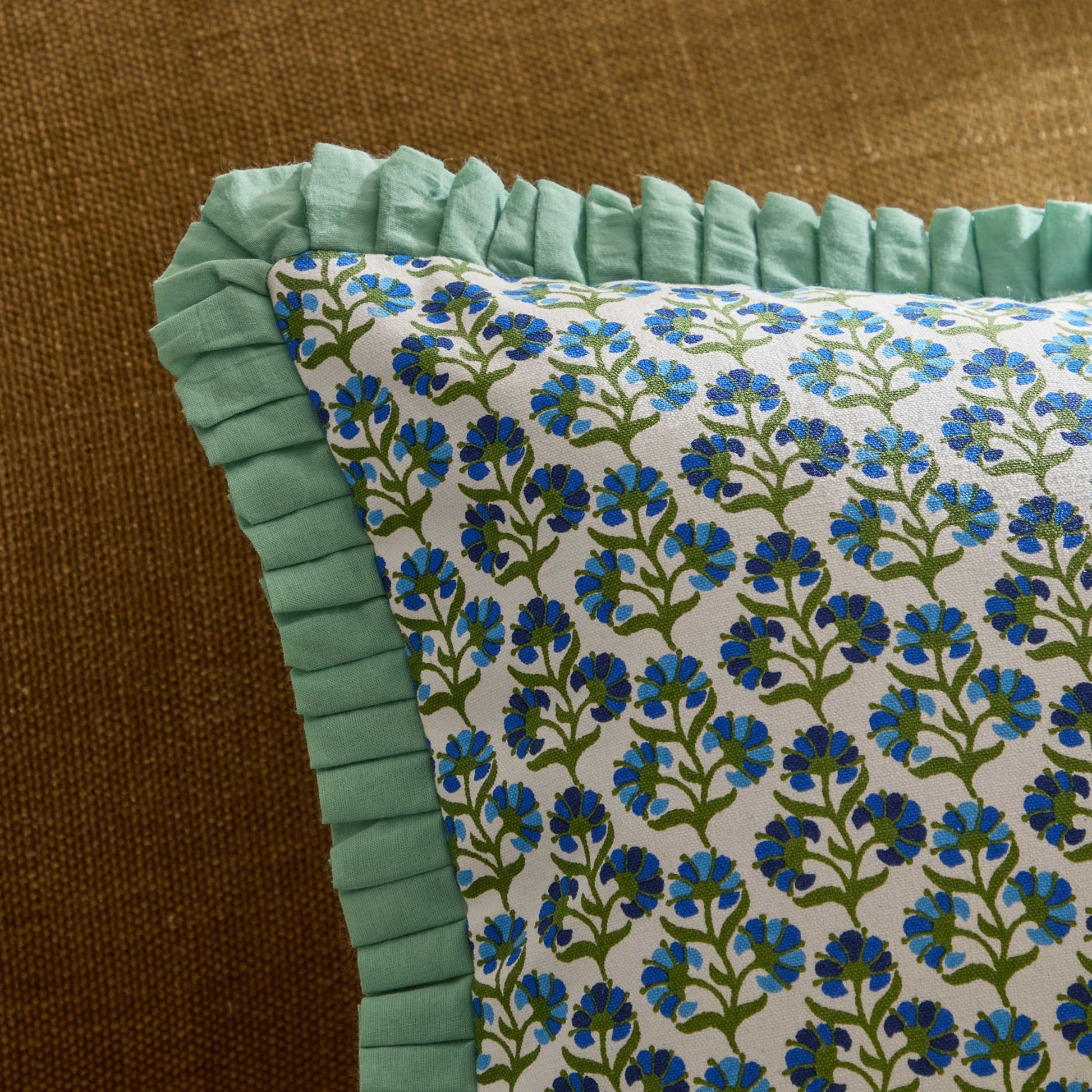 Fiona 100% Cotton Box Pleat Edge Printed Sofa Cushion Cover - Blue - DUSK