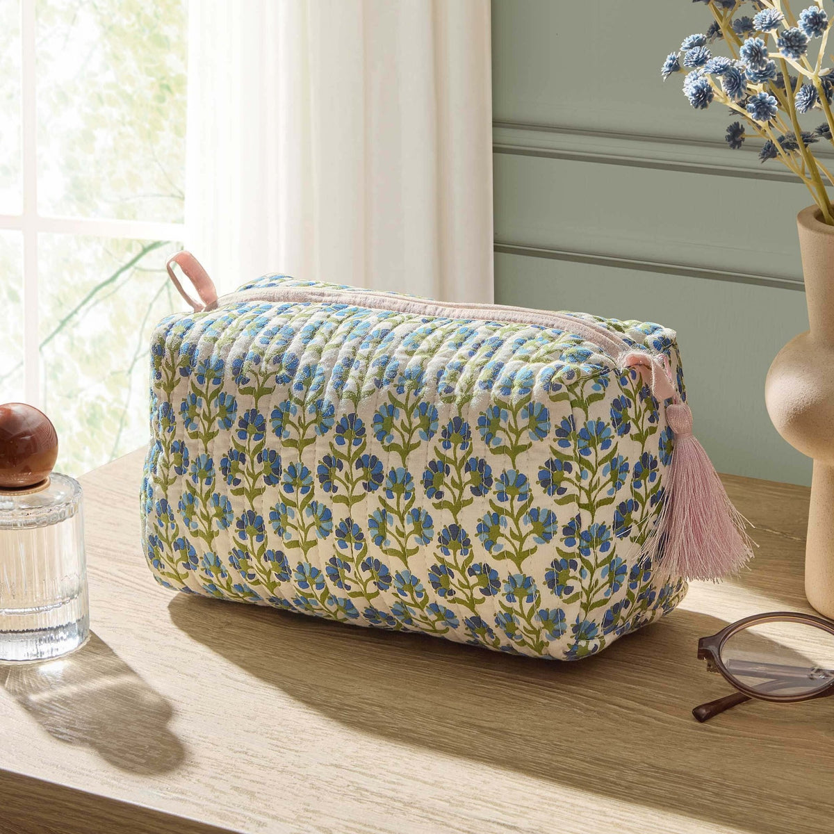 Fiona Cotton Printed Makeup Bag - Blue/ Pink - DUSK