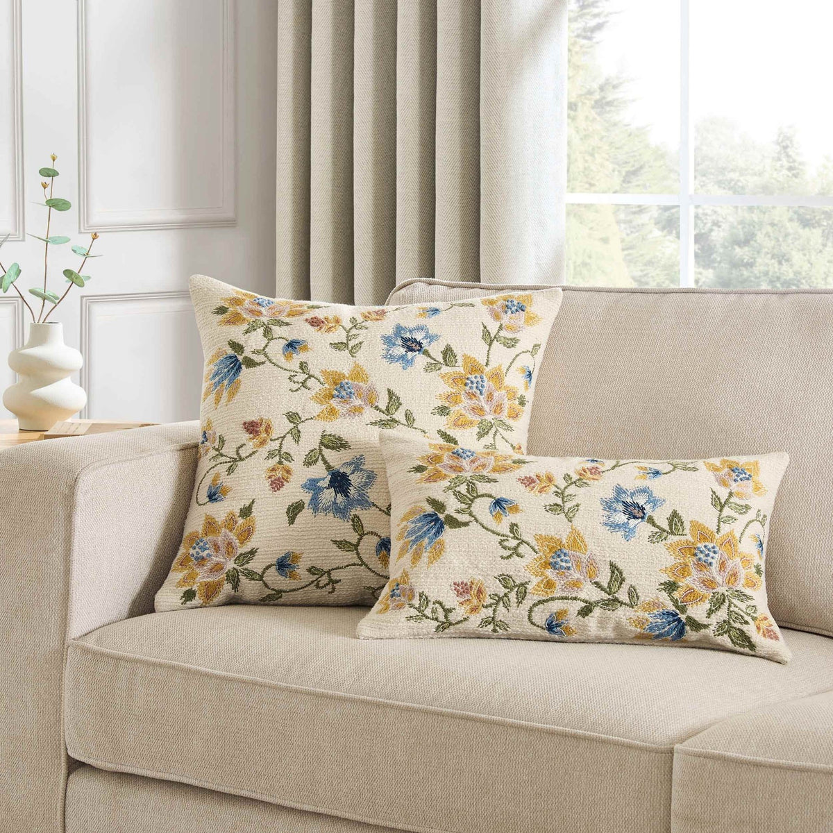 Floral Jacquard Embroidered Sofa Cushion Cover - Blue - DUSK