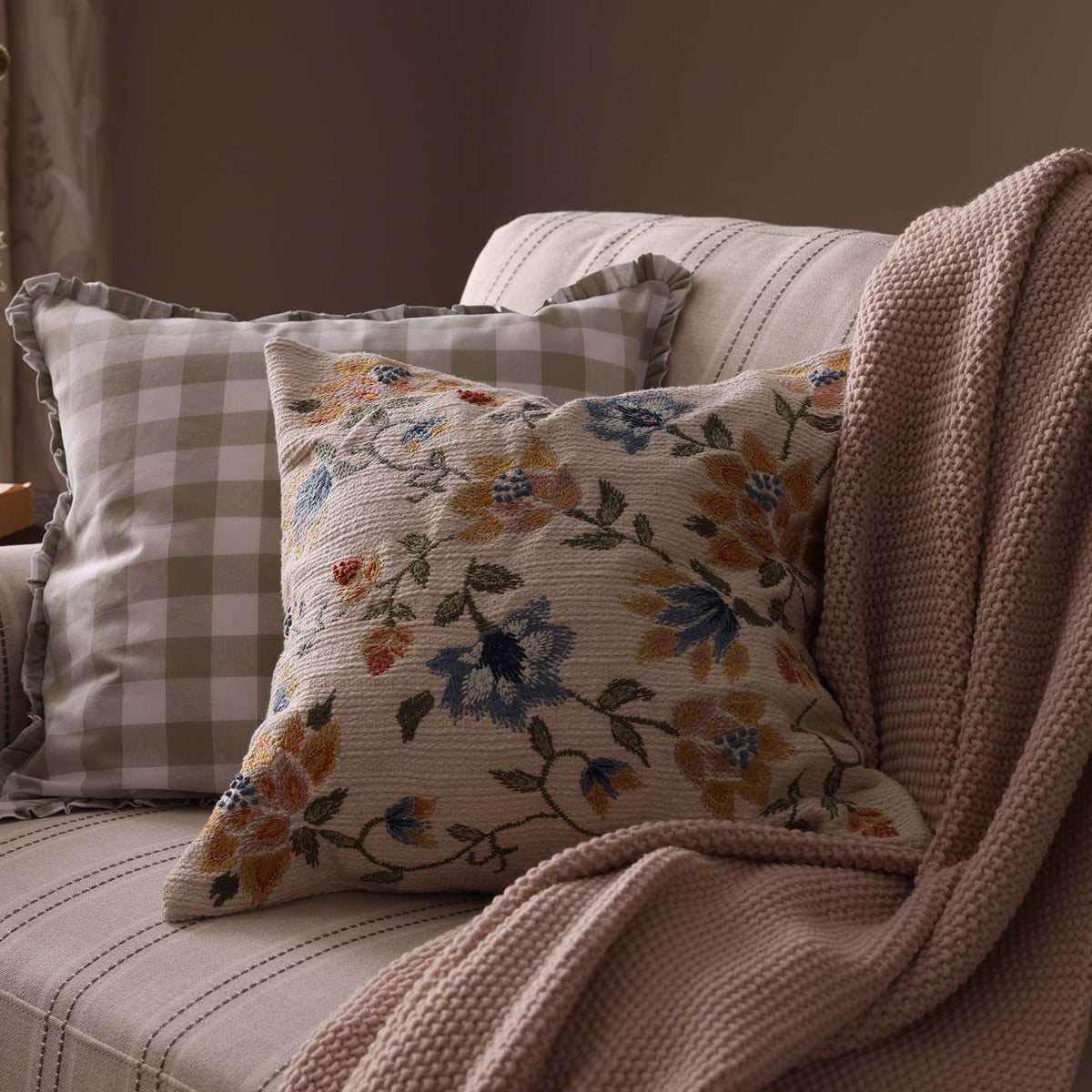 Floral Jacquard Embroidered Sofa Cushion Cover - Blue - DUSK