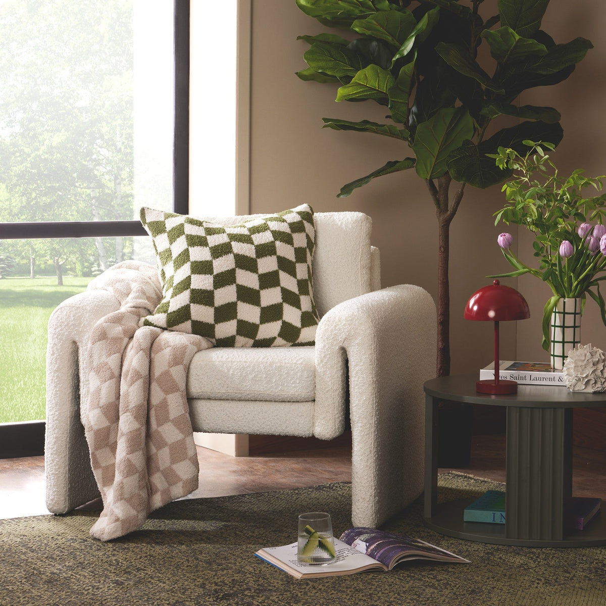 Fluffy Knit Checkerboard Sofa Throw - Natural - DUSK