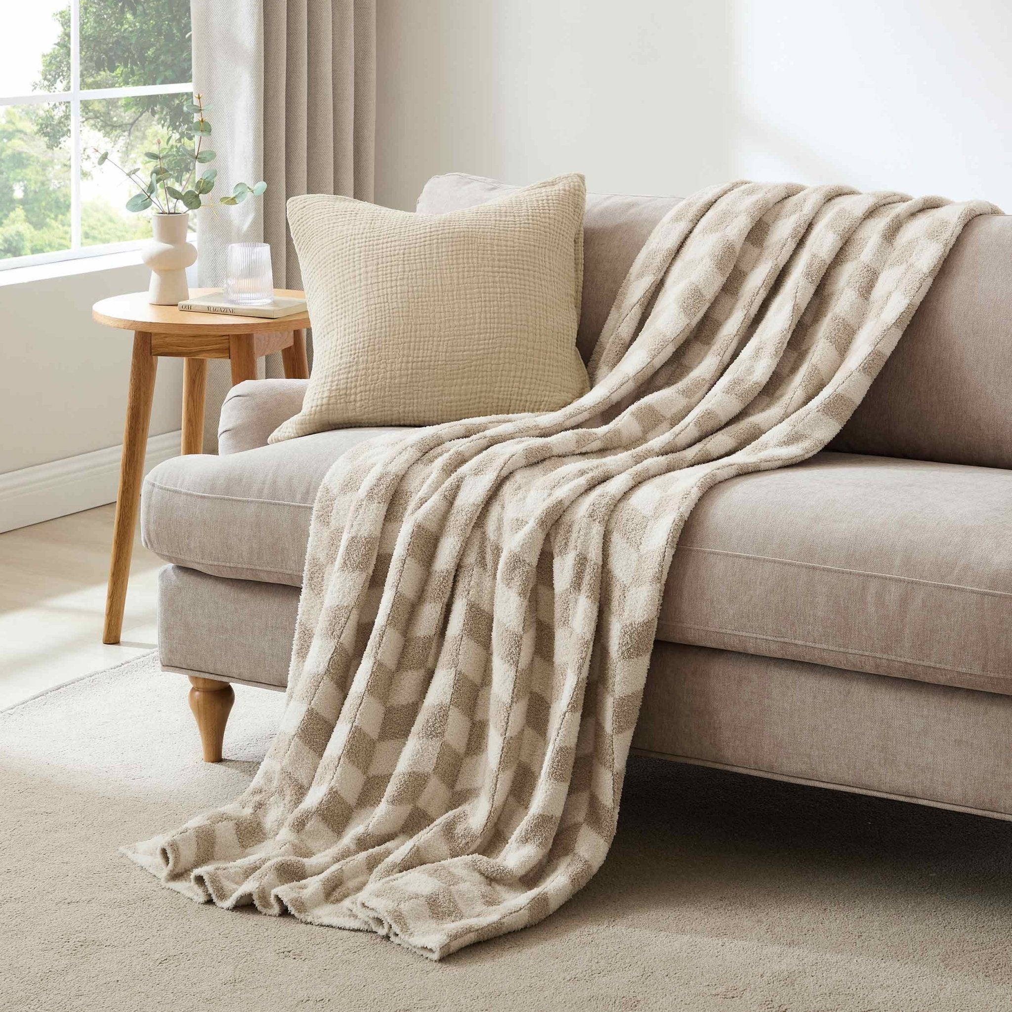 Fluffy Knit Checkerboard Sofa Throw - Natural - DUSK