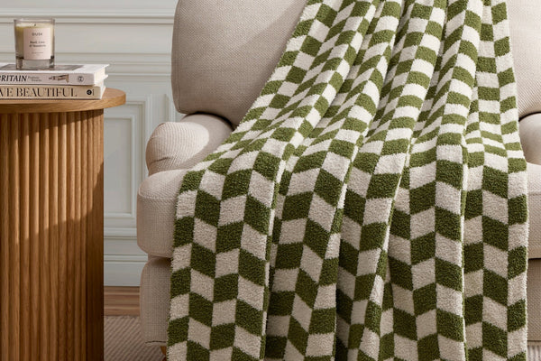 Fluffy Knit Checkerboard Sofa Throw - Olive - DUSK