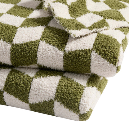 Fluffy Knit Checkerboard Sofa Throw - Olive - DUSK