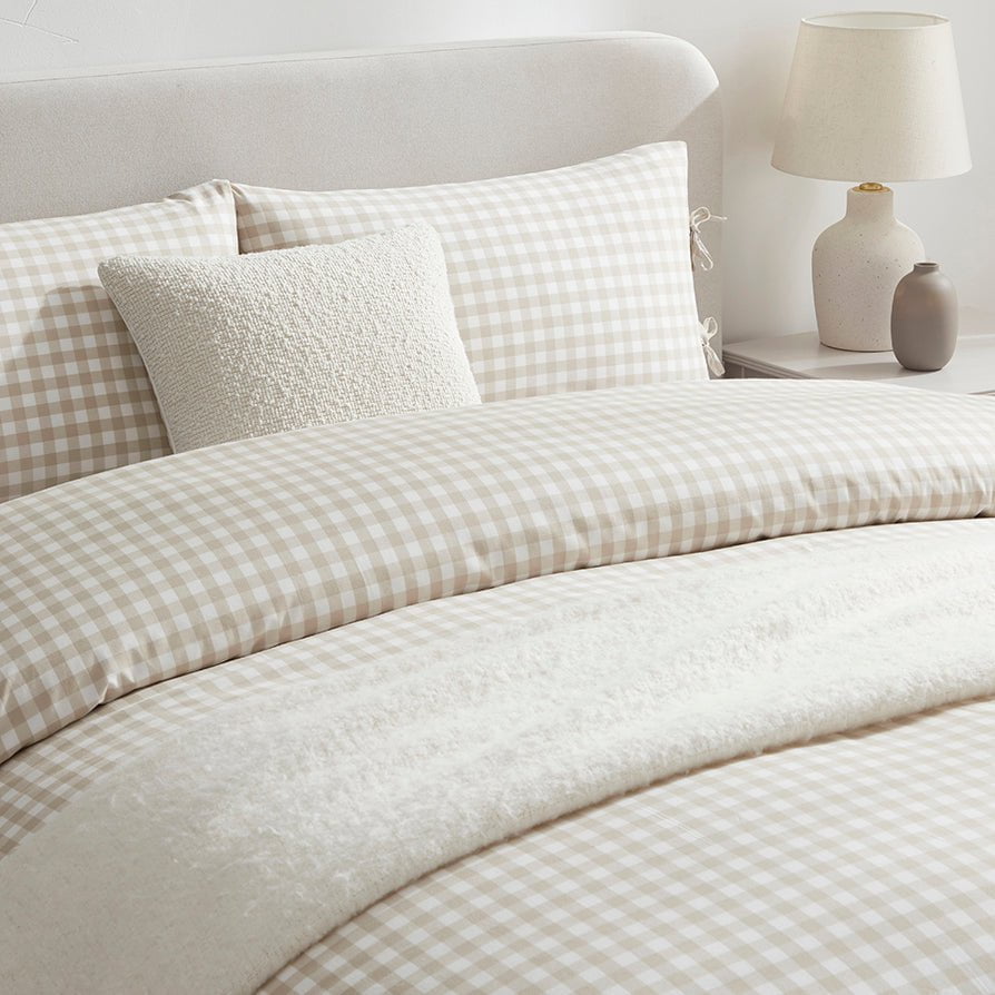 Gabriella Gingham 100% Cotton Duvet Cover and Pillowcase Set - Natural