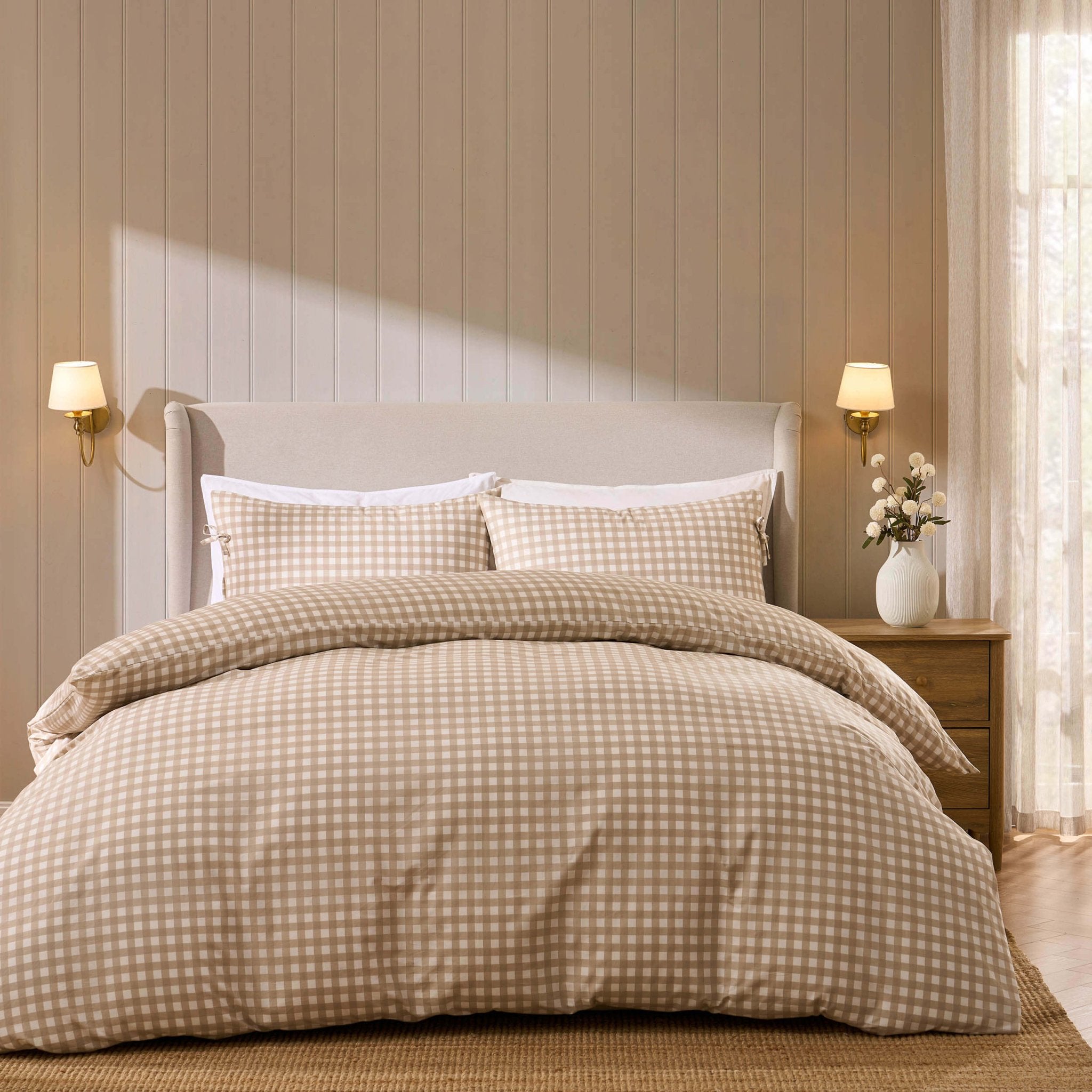 Gabriella Gingham 100% Cotton Duvet Cover and Pillowcase Set - Natural - DUSK