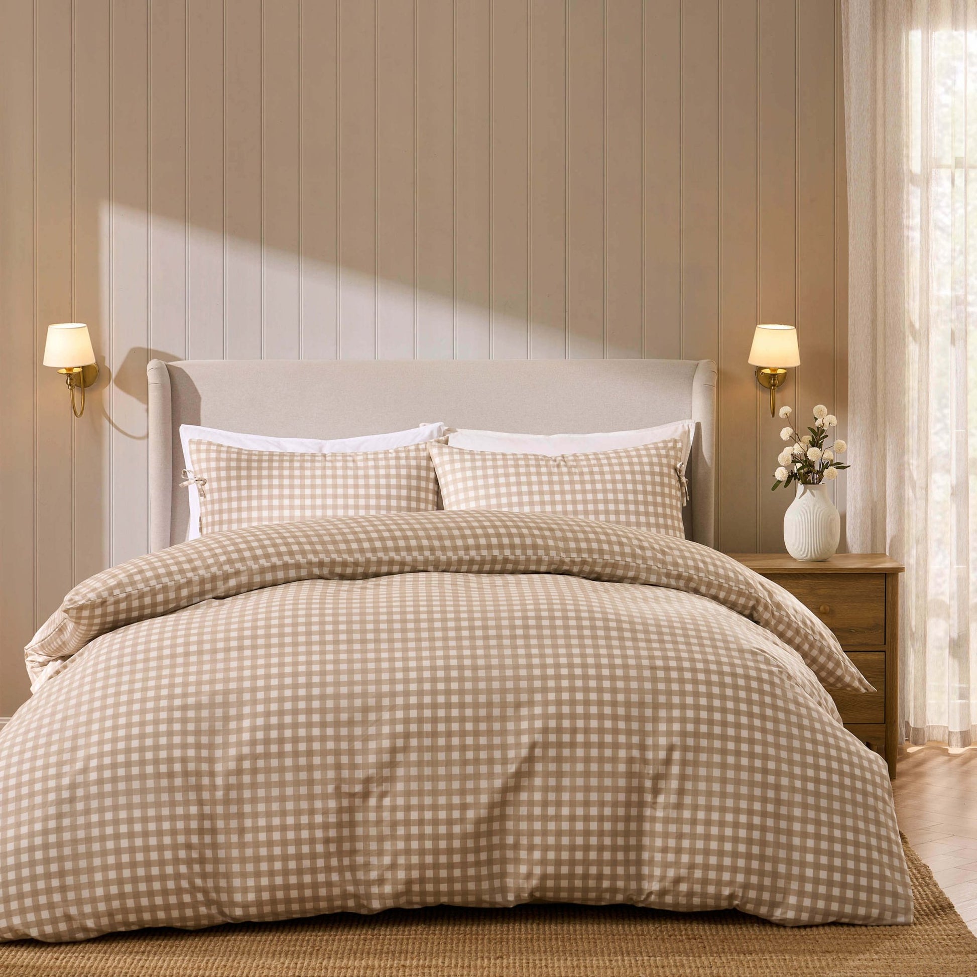 Gabriella Gingham 100% Cotton Duvet Cover and Pillowcase Set - Natural - DUSK