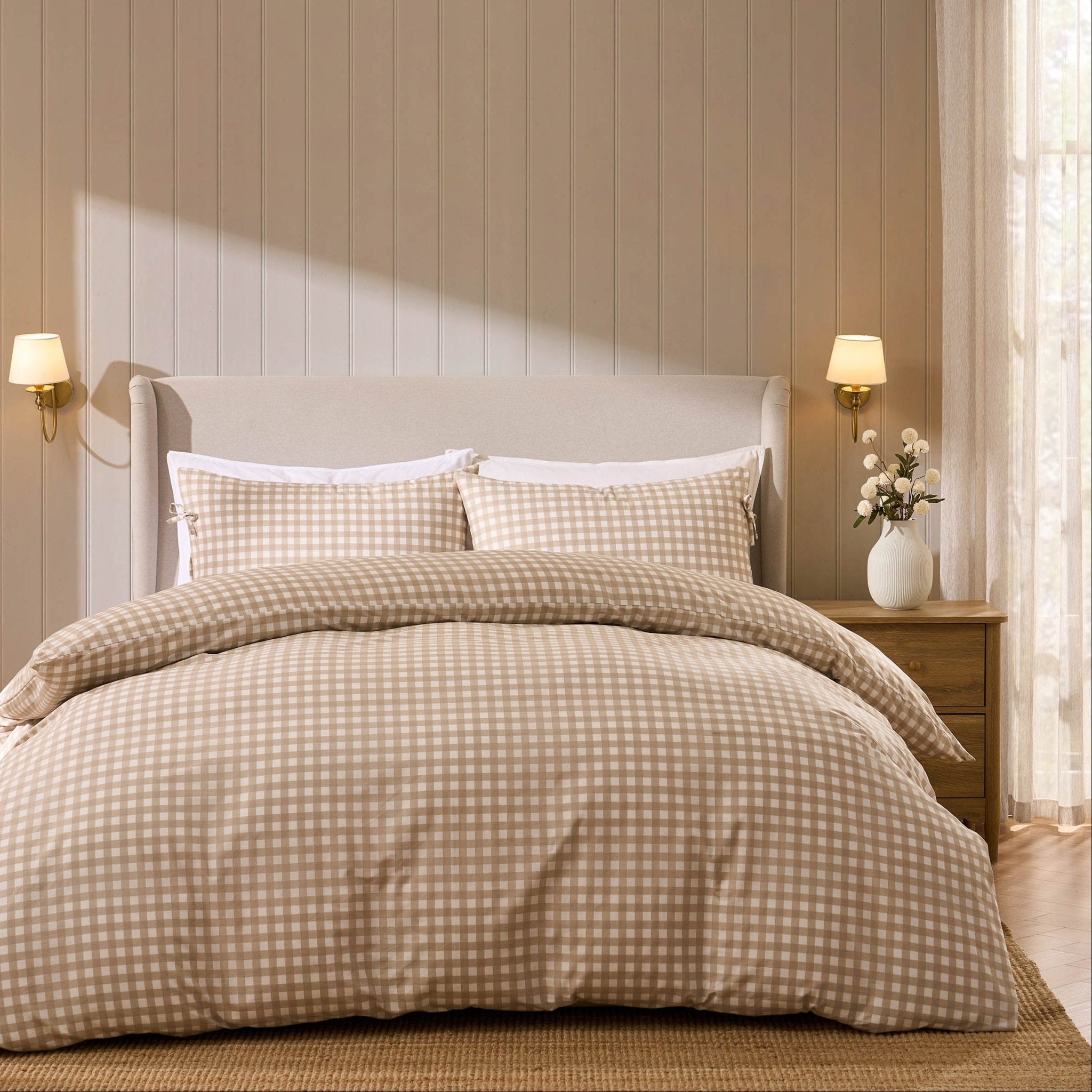Gabriella Gingham 100% Cotton Duvet Cover and Pillowcase Set - Natural - DUSK