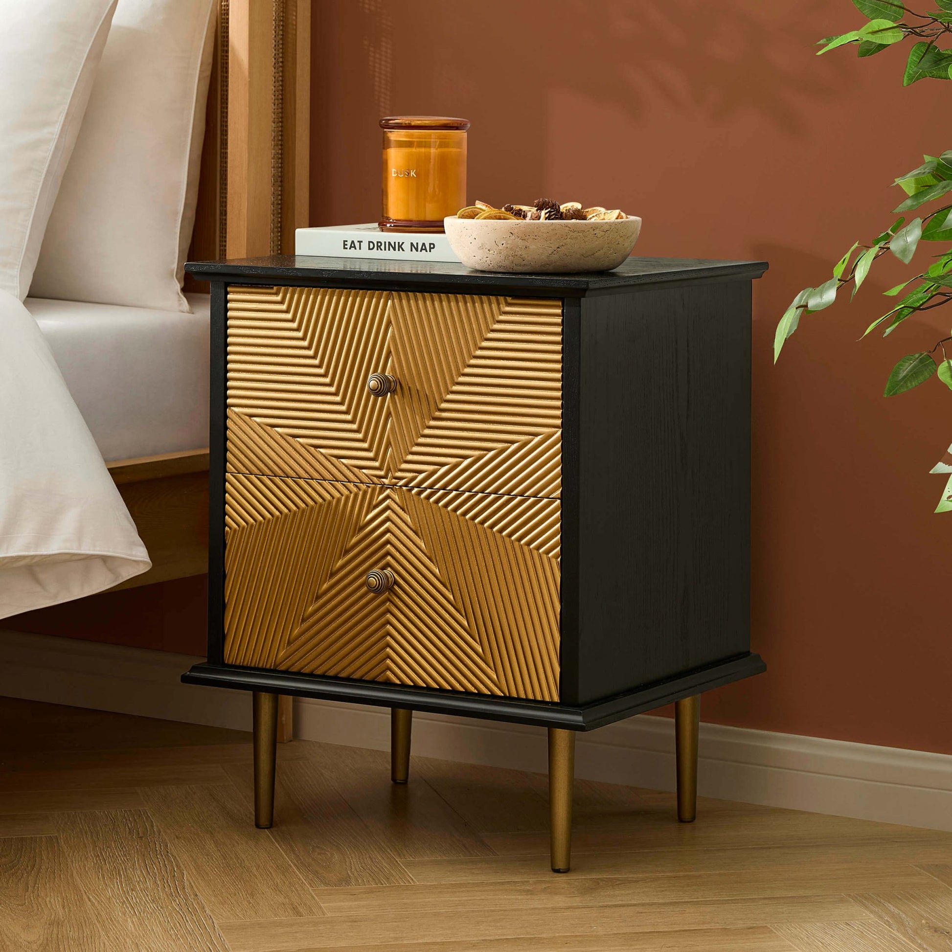 Georgie 2 Drawer Bedside Table - Black/Gold - DUSK